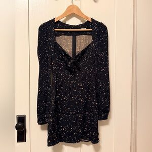 Reformation Star Galaxy Tie Front Mini Dress Long Sleeve Black Sweetheart Sz 0